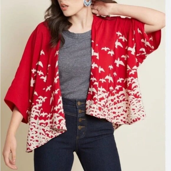 Anthropologie Jackets & Blazers - Anthropologie Pins and Needles red, cropped kimono with bird pattern Size M.